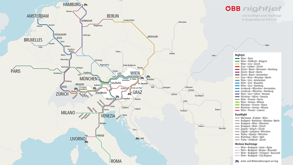 Mapa linek nočních vlaků Nightjet 2021